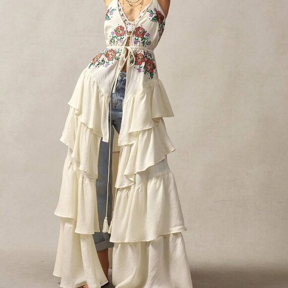 Boho Women's floral Embroidery Pattern Ruffle Trim Backless maxi cami top - Picture 8 of 8